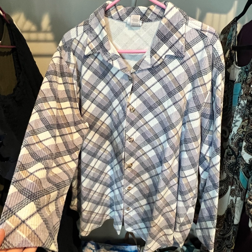 Basic Editions Gray and Pink Plaid Shirt
